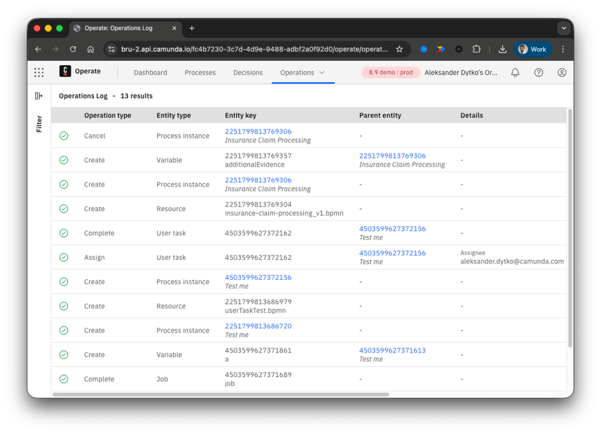 The Camunda Operate Operations Log showing a centralized, queryable audit trail of every user and system action across the process