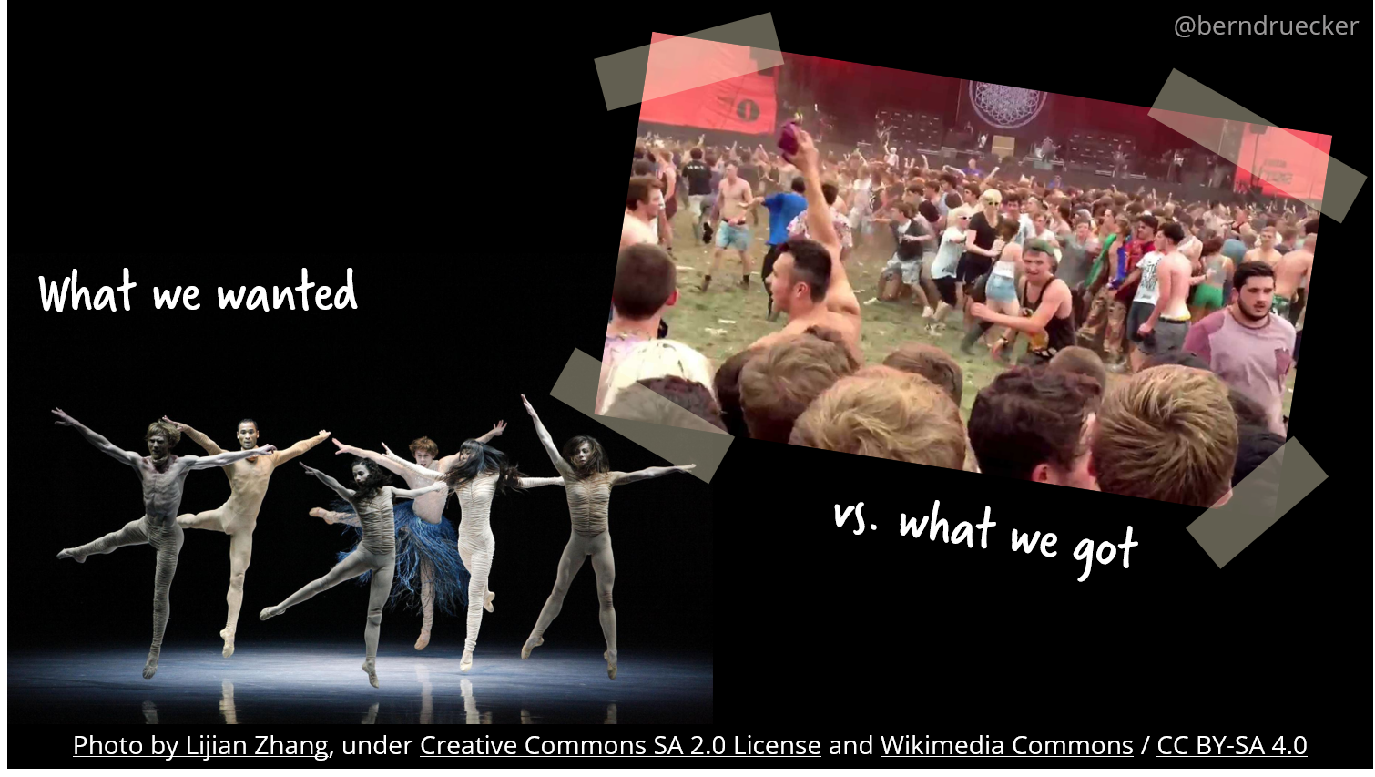 An image of a ballet troupe next to a mob after a football game. The slide reads "What we wanted vs. what we got."