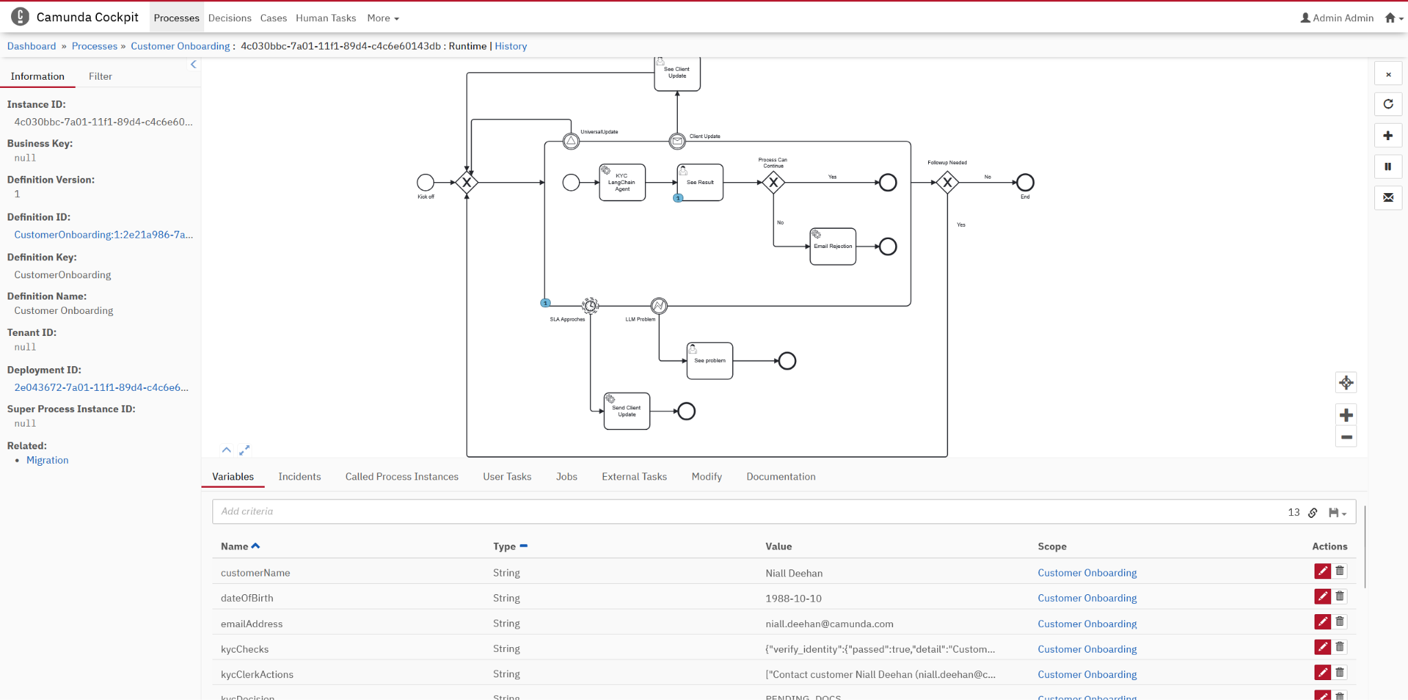 Camunda 7 Cockpit after the bolt-on agent task finishes. The process view confirms the step ran, but the data about agents and tools is very limited