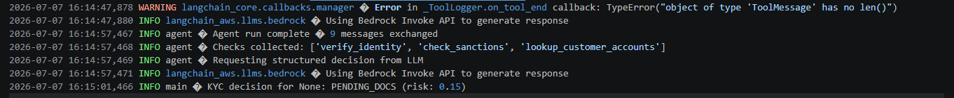 The real information is sitting in the Python agent's application log, as unstructured console output mixed with framework internals.