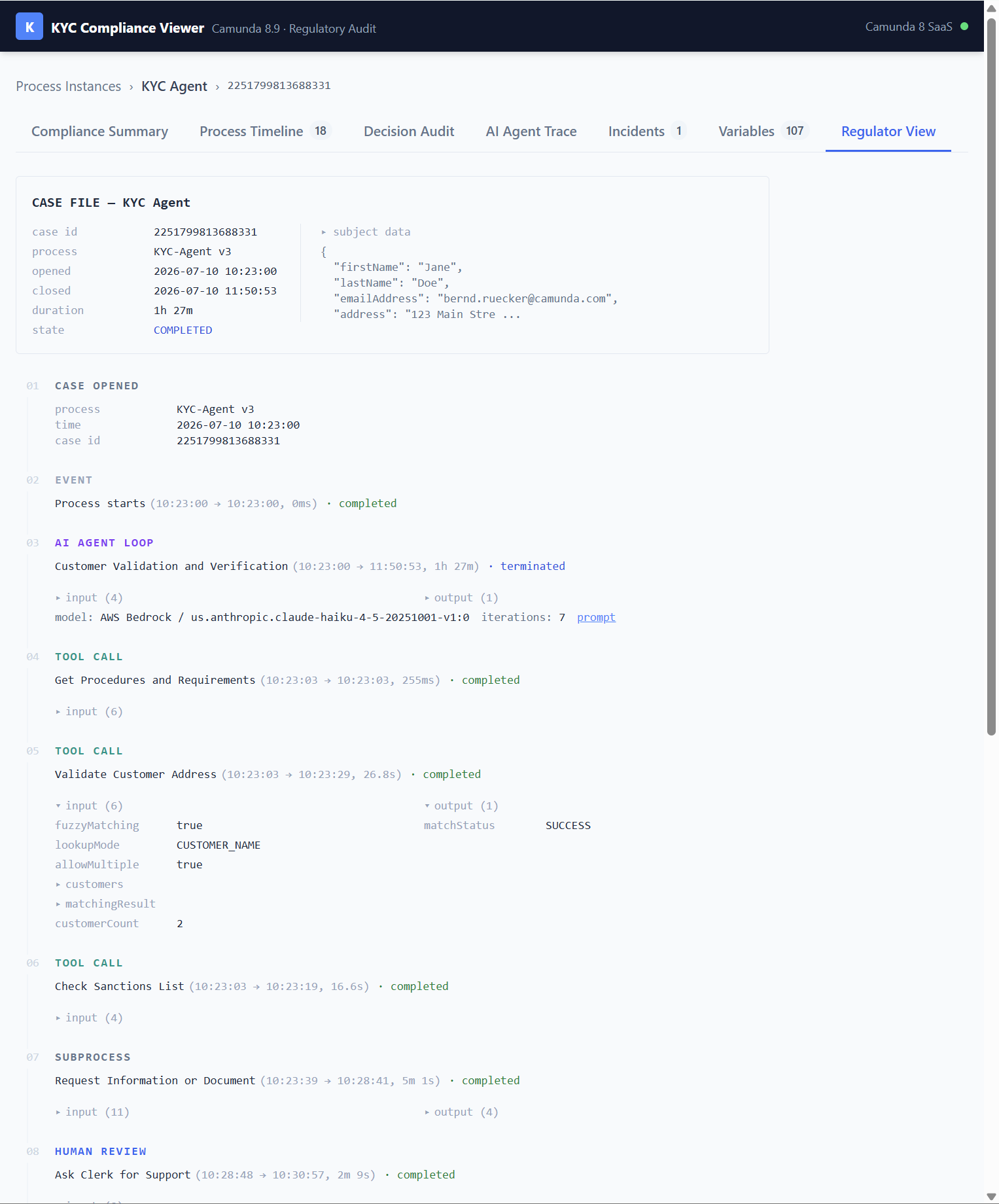 The audit data can be accessed via Camunda's API, so you can also build custom views for specific target audiences, like a regulator.